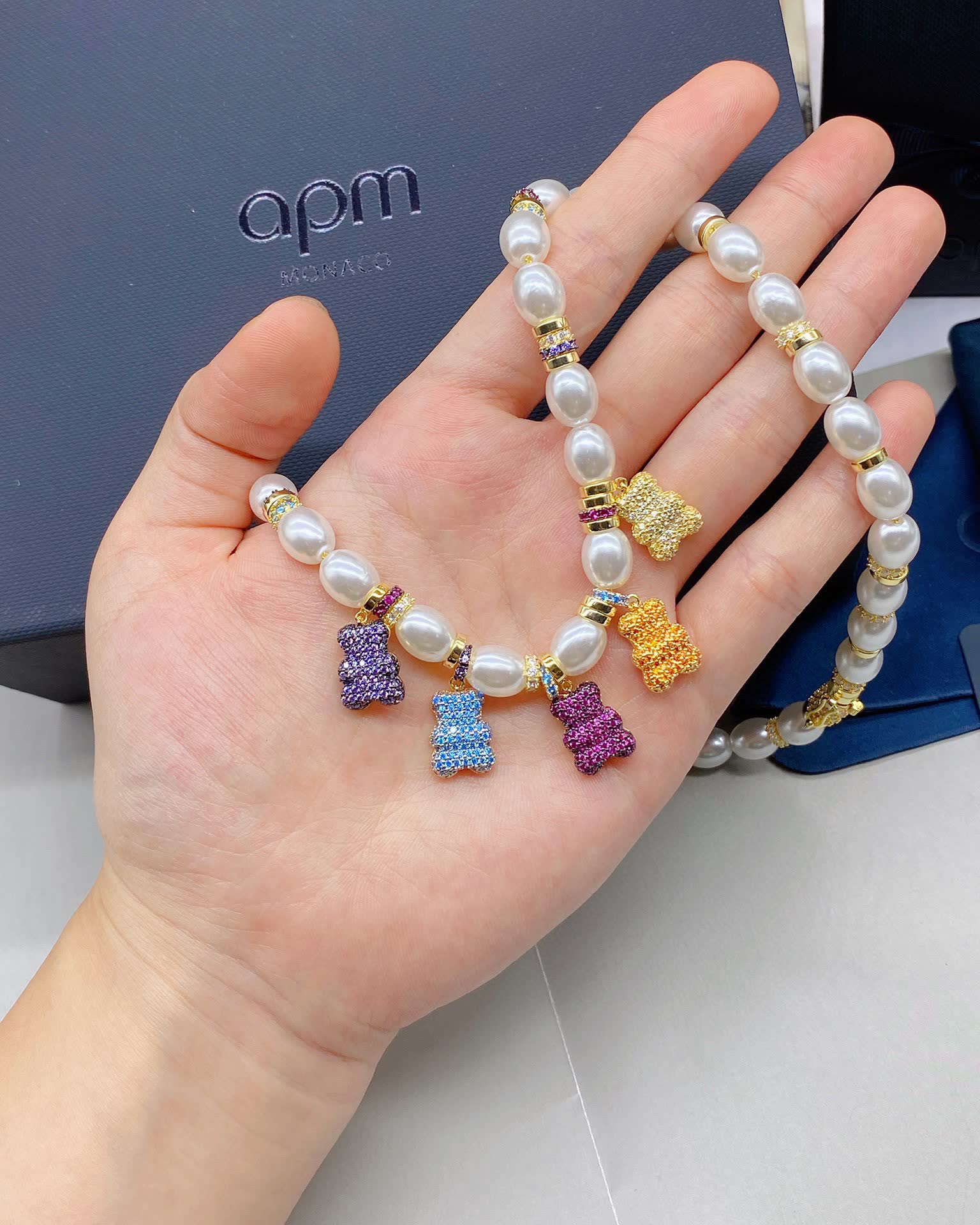 APM Monaco Pearl and Crystal Bear Charm Necklace